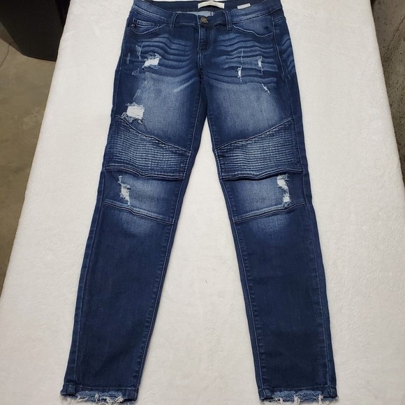 KanCan Moto Ankle Skinny Denim Jeans Women's Sz 27 Frayed Hem Dark Wash Distress - Picture 2 of 10